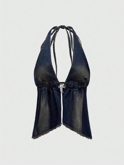 Grunge Punk Y2K Vintage Distressed Washed Cross Decor Backless Denim Cami Tank Top