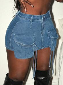 Slaydiva Denim Cargo Pockets Short Bodycon Stylish Mini Skirt - Medium Wash - View 5