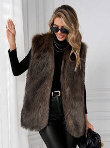 SHEIN Clasi Chalecos casuales sólidos y esponjosos para mujer en otoño/invierno - Marrón - Ver 4