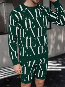 Manfinity Homme Men's Round Neck Long Sleeve Minimalist Pattern Detail Top And Shorts Set - Dark Green - View 5