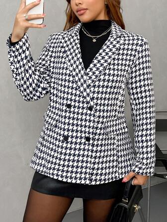 SHEIN Privé Plus Size Dam Hundtandsmönstrad Formell Kavaj Med Slag, Ny Inreda