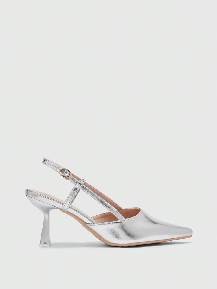 CUCCOO BIZCHIC Sandalias de tacón alto de punta fina para mujer, zapatos de tacón cerrados elegantes y versátiles de color plateado metálico aptos para fiesta, reuniones y oficina, cómodos tacones para el Día de San Valentín