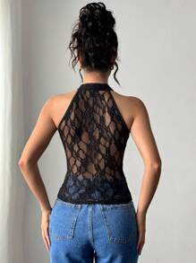 Firerie 节日新款优雅别致性感派对新年风格中式金属纽扣装饰黑色植绒花卉立领镂空镂空腰部露背背心，适合春夏季和情人节