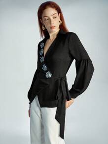 Aveloria Modichic Women's Sequin Flower Decorated Side Bow Lantern Sleeve Blouse, Suitable For Valentine's Day And Spring Fall Cloth For Women