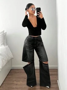 SHEIN ICON Women's Casual Front Button Pocket Simple Jeans, Everyday Wear - Black - View 4