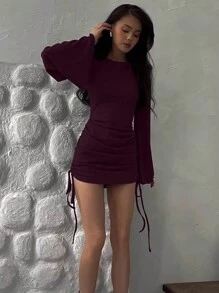 INAWLY Flared Long Sleeve Bodycon Mini Dress For Women - Hot Pink - View 3