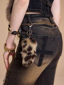 ROMWE Grunge Punk 1 件 Y2K 复古时尚可爱高品质棕色毛绒仿豹纹动物尾巴钥匙扣和钥匙圈，时尚配饰适合女性和女孩，很棒的礼物创意