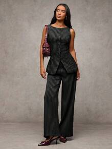 SHEIN BAE Women's Simple Striped Button Front Sleeveless Pajama Set With Long Pants - Black - View 4