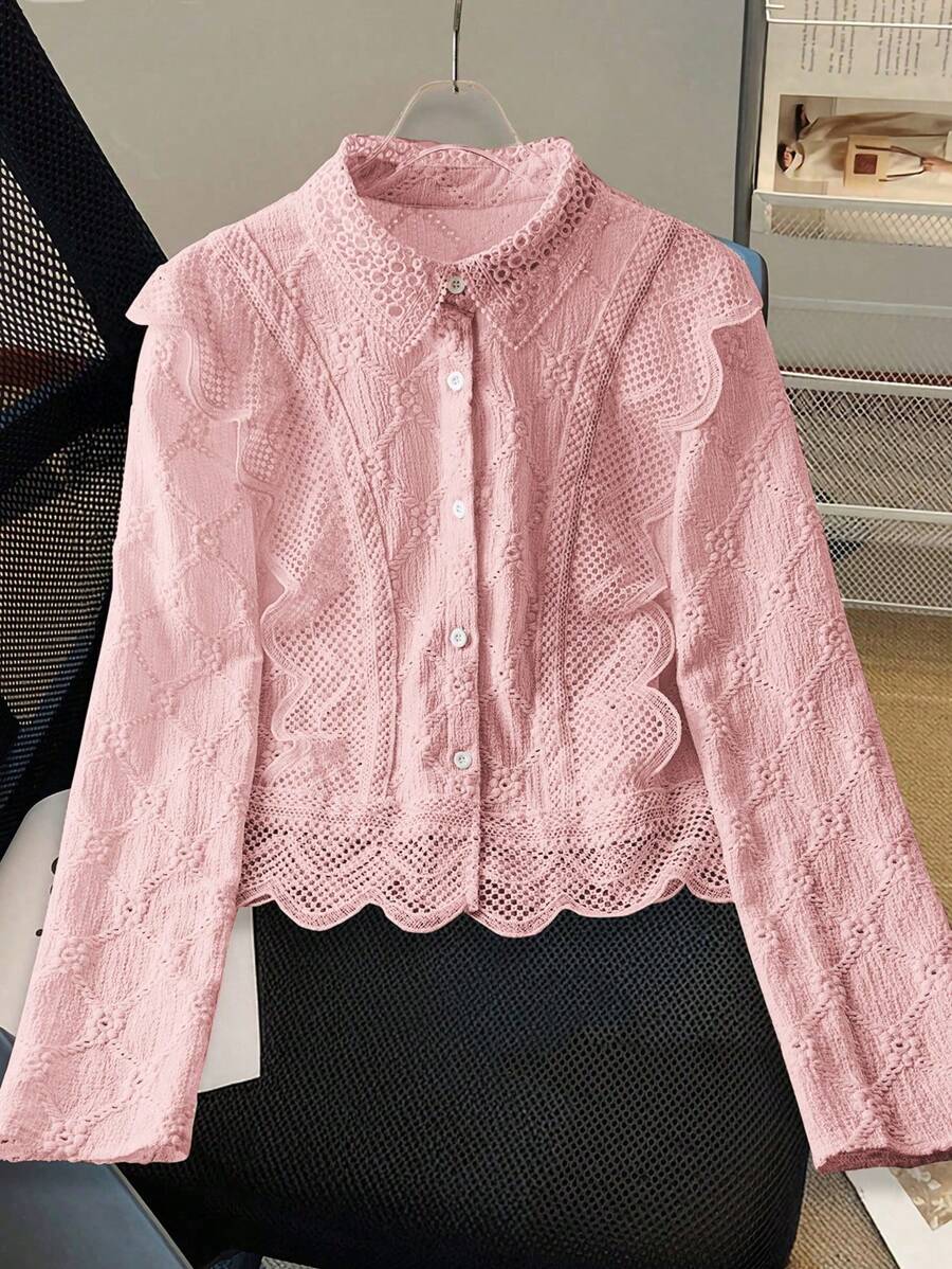 Franclia Women Floral Lace Trim V-Neck Long Sleeve Button Down Shirt Fall Cloth For Women