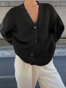 DAZY Women's Solid Color V-Neck Long Cardigan Sweater,Long Sleeve Tops,Fall Women Clothes - Black - View 3