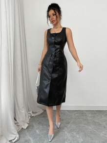 Elenzga 女士纯色前扣无袖黑色优雅连衣裙，秋季时尚长款女装 - 黑色 - 查看 5