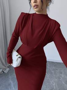 Firerie Women's Gathered Shoulder Pad Long Sleeve Dress