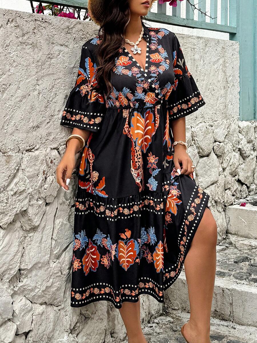 SHEIN Clasi 大码波西米亚风热带印花 V 领度假连衣裙西装夏季 - 彩色 - 查看 1