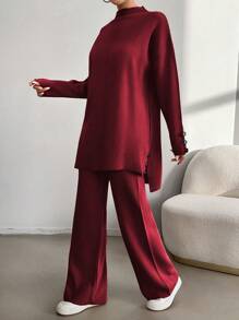 EURMUSE Women's Casual Solid Color Sweater And Legging Two-Piece Set, Autumn/Winter - Burgundy - View 3