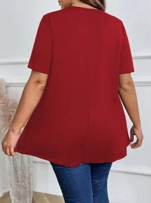 EMERY ROSE Plus Size Women's Plain Round Neck T-Shirt, Simple Fashionable Casual For Everyday Wear - Red - View 2