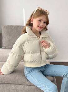 SHEIN Abrigo acolchado corto holgado con cuello alto para niñas preadolescentes, cómodo y cálido, de estilo casual