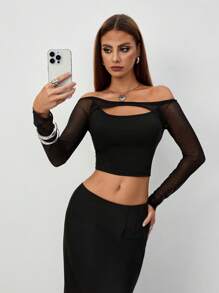 Chiquease 1pc Off-Shoulder Mesh Hollow T-Shirt, Black Skinny Stretch T-Shirt, Sexy & Fashionable Top