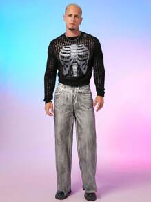 FeverCity Suéter de cuello crew transparente con estampado de esqueleto para hombre