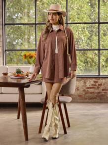 LanaWest 2 pièces set: chemise en velours côtelé et jupe pour femmes - Taupe - Voir 5