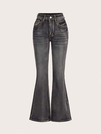 ROMWE Grunge Punk 女士复古水洗修身喇叭低腰牛仔裤，做旧细节，适合上学穿着，女士纽扣口袋拉链低腰喇叭裤腿深灰色靴型常规版型低腰牛仔裤，春秋季休闲日常穿着