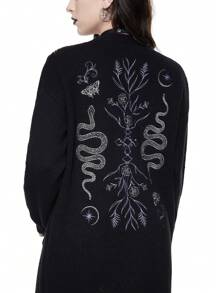 ROMWE Gothic Snake And Floral Embroidered Long Cardigan, Casual - Black - View 4