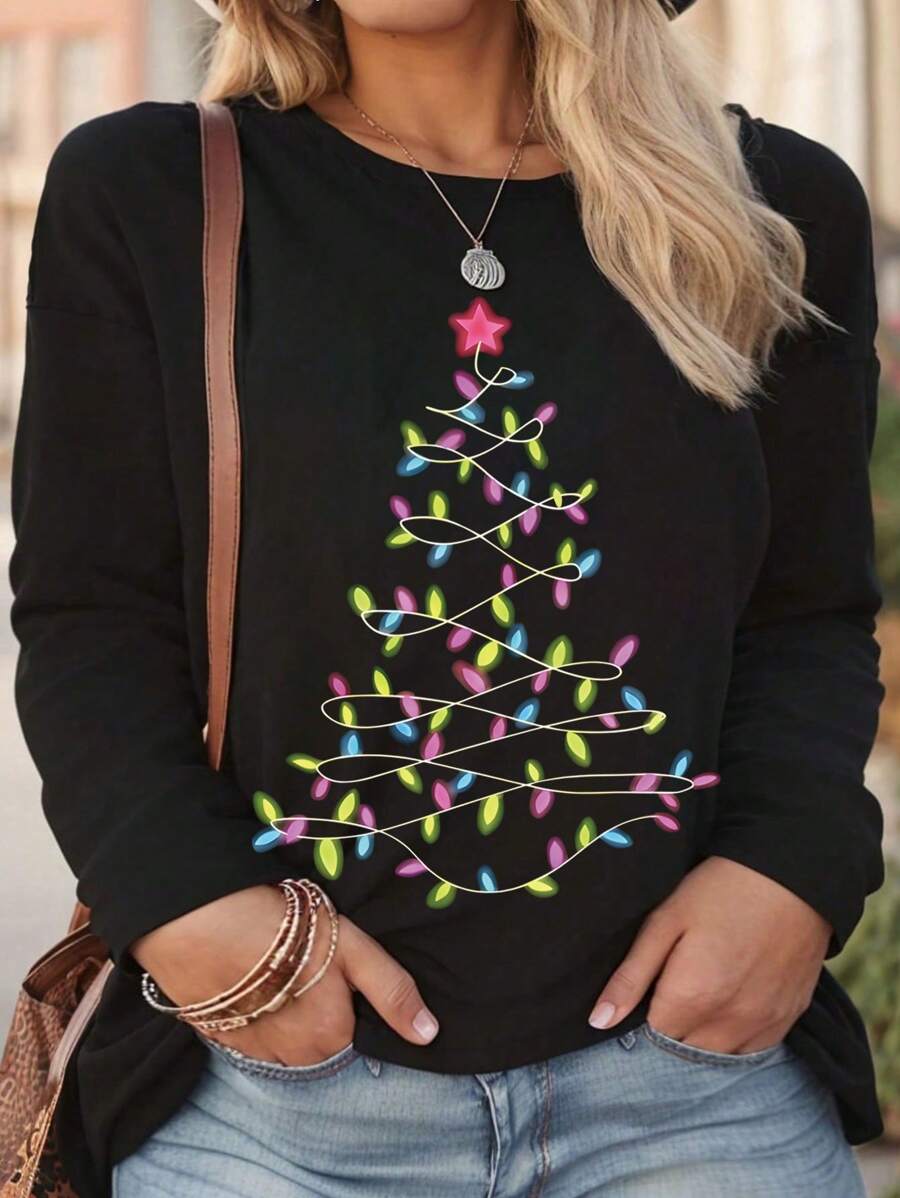 SHEIN LUNE Blusa de manga larga de cuello redondo informal con diseño de luces de árbol de Navidad para mujer talla grande, la ropa perfecta para Navidad, adecuada para otoño - Negro - Ver 1