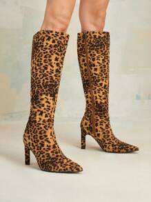 MOTF PREMIUM BOTAS ALTAS DE TACÓN CON PUNTERA PUNTIAGUDA Y ESTAMPADO DE LEOPARDO, VERSÁTIL Y CÓMODA PARA USAR EN EL DÍA A DÍA, PARA MUJER - Multicolor - Ver 1