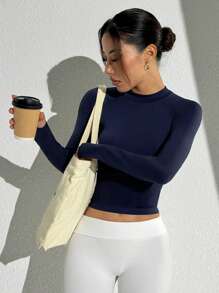 Easithlete 女士纯色圆领长袖简约休闲上衣 - 藏蓝色 - 查看 7