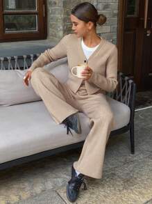 DAZY 2pcs Women Solid Cardigan And Wide Leg Pants Set,Fall Clothes Women Sweater - Apricot - View 1