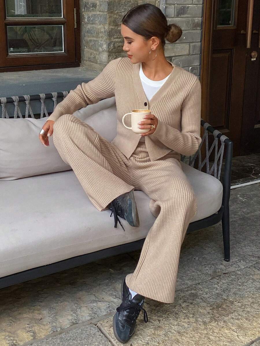 DAZY 2pcs Women Solid Cardigan And Wide Leg Pants Set,Fall Clothes Women Sweater - Apricot - View 1