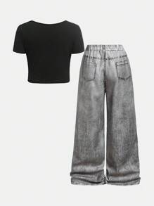 SHEIN Leap Crew 青少年女孩前卫街头风格不对称下摆 U 领短袖水钻 T 恤和牛仔效果裤 2 件套 - 黑色 - 查看 2