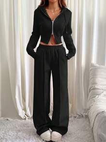 SHEIN EZwear 女士纯色前拉链长袖连帽衫和裤子 2 件套 - 黑色 - 查看 6
