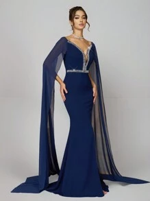 SHEIN Belle Vestido azul de fiesta de noche formal para mujer, ajustado a la cintura, con cuello en V y decoración de cadena con cuentas - Azul - Ver 1