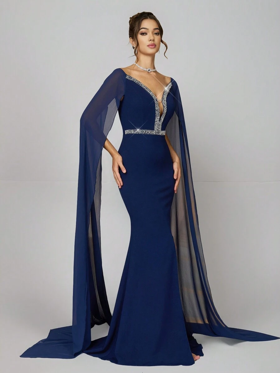 SHEIN Belle Vestido azul de fiesta de noche formal para mujer, ajustado a la cintura, con cuello en V y decoración de cadena con cuentas - Azul - Ver 1