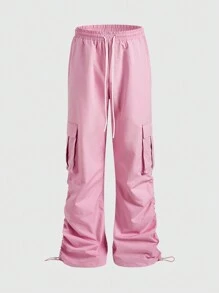 ROMWE MEN ROMWE Avant Men's Avant Pink Baggy Loose Drawstring Waist Casual Cargo Pants