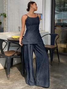 DAZY 女士简约吊带背心和牛仔裤 2 件套 - 深色水洗藍 - 查看 1