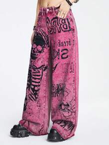 ROMWE Grunge Punk Spring/Summer Carnival Party Graphic Pink Punk Music Festival Pink Y2K Gyaru Baddie Skeleton & Gothic Letter Print Jeans Boy Friend Jeans - Pink - View 3