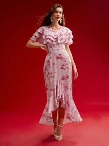 MOTF PREMIUM Vestido fluido con estampado floral y ribete de volantes, conjunto para el Día de San Valentín - Rosa - Ver 5
