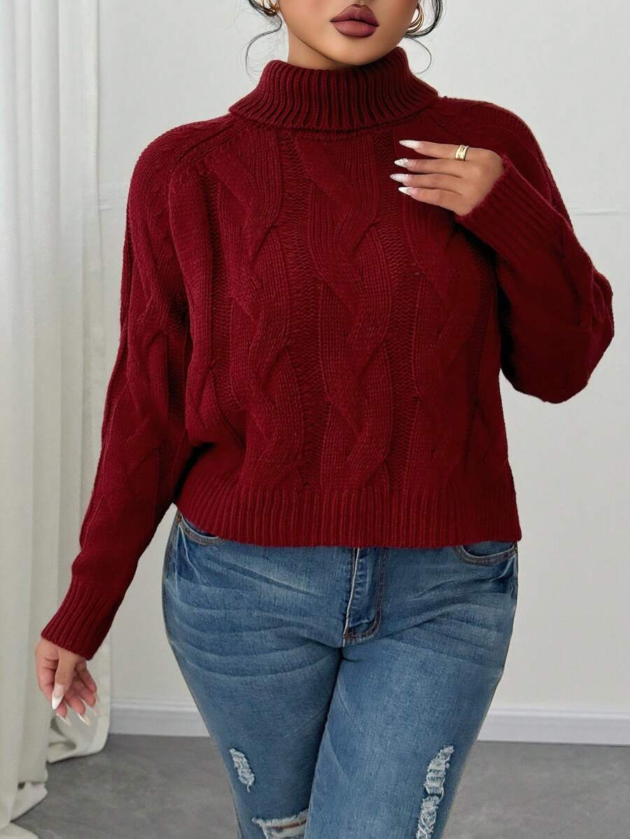 Calvaya Plusstorlek Dam Casual Enfärgad Twist Repe Polotröja Kort Tröja, Höst/Vinter Stickad Tröja - Bourgogne - Visa 1