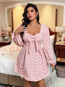 Allurite Plus Size Jacquard Bowknot Short Sleeve Dress, Valentine's Day Love/Lover Heart Prom