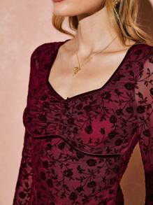 Poéselle Women's Elegant Floral Flocked Mesh Mini Dress, Autumn