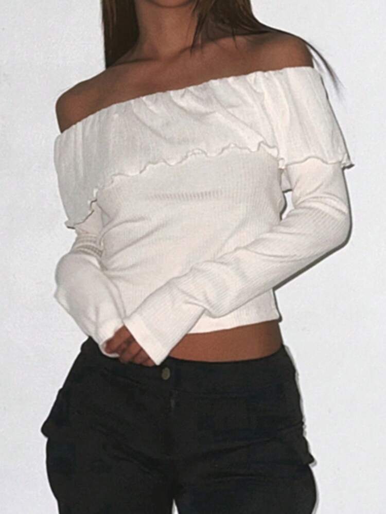 Women's Off-Shoulder Collar Fitted Long Sleeve White T-Shirt Top, Spring/Summer,Ruffle,Off Shoulder Top,Fall Women Clothes