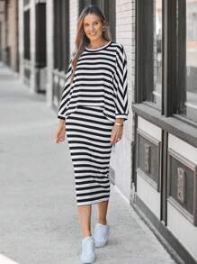 SHEIN LUNE Women's Batwing Sleeve Loose T-Shirt + Women's Striped Fitted Skirt,Office Wear,Winter Sets,Office Wear Women