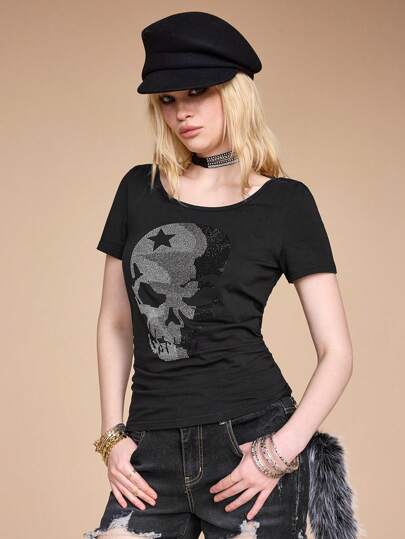 Grunge Punk Women's Punk Skull Rhinestone Cutout Back Tight Fit Cotton T-Shirt