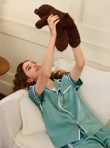 Conjunto de 3 piezas de pijama de satén elegante y minimalista para adolescentes, incluye pantalón largo y camiseta de manga corta, ropa de estar en casa cómoda y casual - Verde - Ver 6