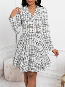 SHEIN Lady White Denim Printed A-Hem Elegant Long Sleeve Dress Women Clothes Women's Dress - White - View 6