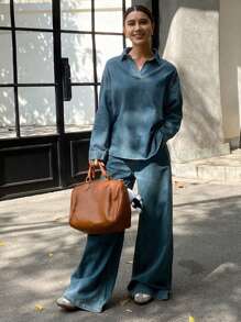 Livesso Women's Denim Drop Shoulder Long Sleeve Shirt And Pants Set,Fall Clothes - Medium Wash - View 3