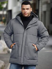 Manfinity CasualCool Plus Size Men's Solid Color Zip Closure Hooded Casual Winter Jacket