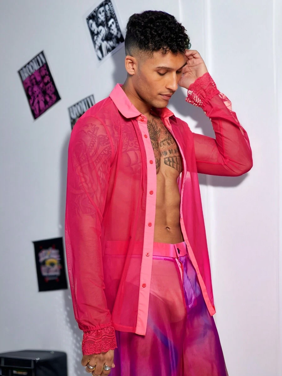 Manfinity Fever City 1 件男士 Y2K 服装派对趣味休闲时尚高街复古风格透明网眼长袖衬衫返校秋季服装万圣节服装