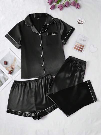 LuxeNights Plus Size Women 1 Set Solid Color Faux Silk Collar 3-Pieces Top & Shorts & Pants Sleepwear Set, Outfits